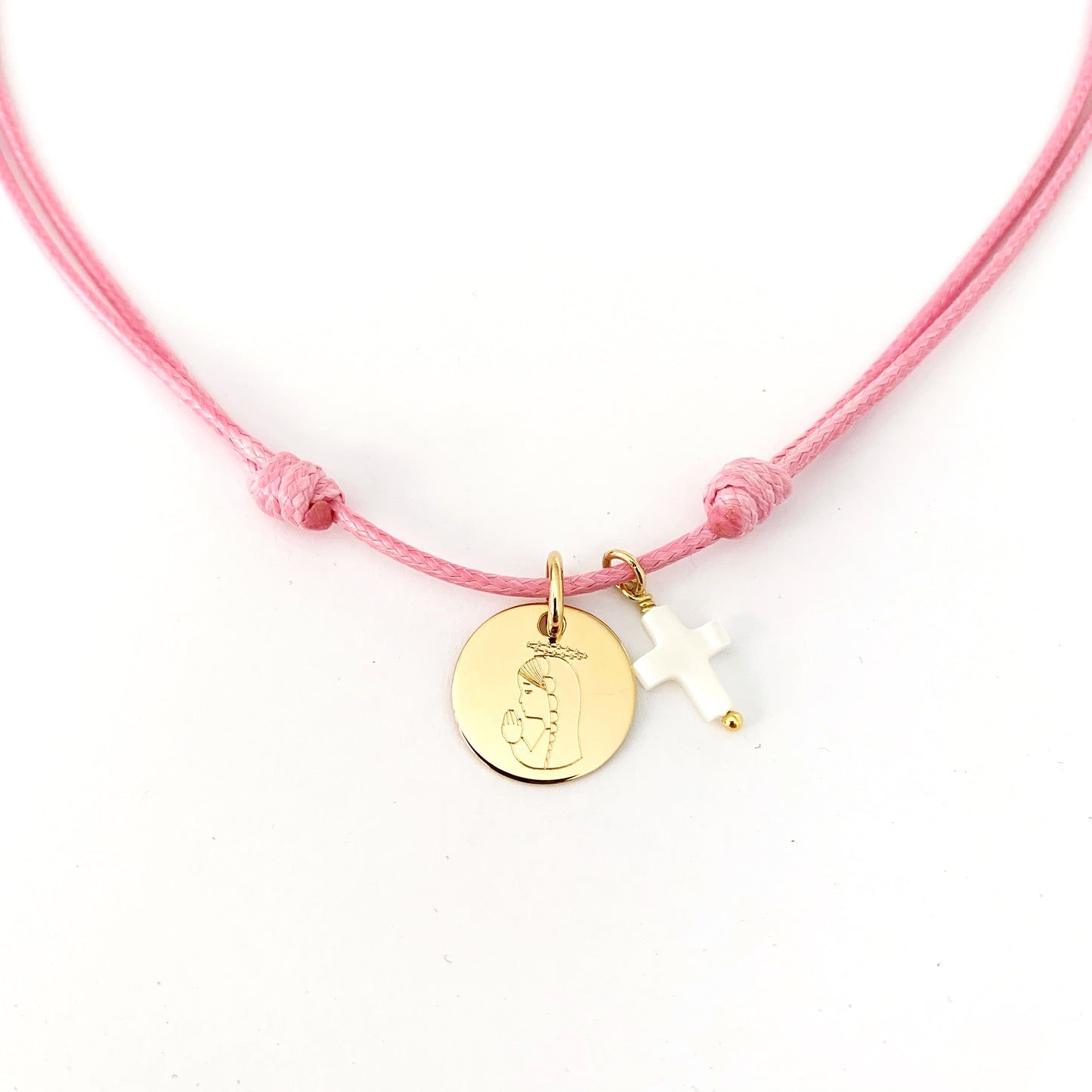 Collar Cordón con Medalla con Baño de Oro con Virgen Niña y Cruz de Nácar personalizable
