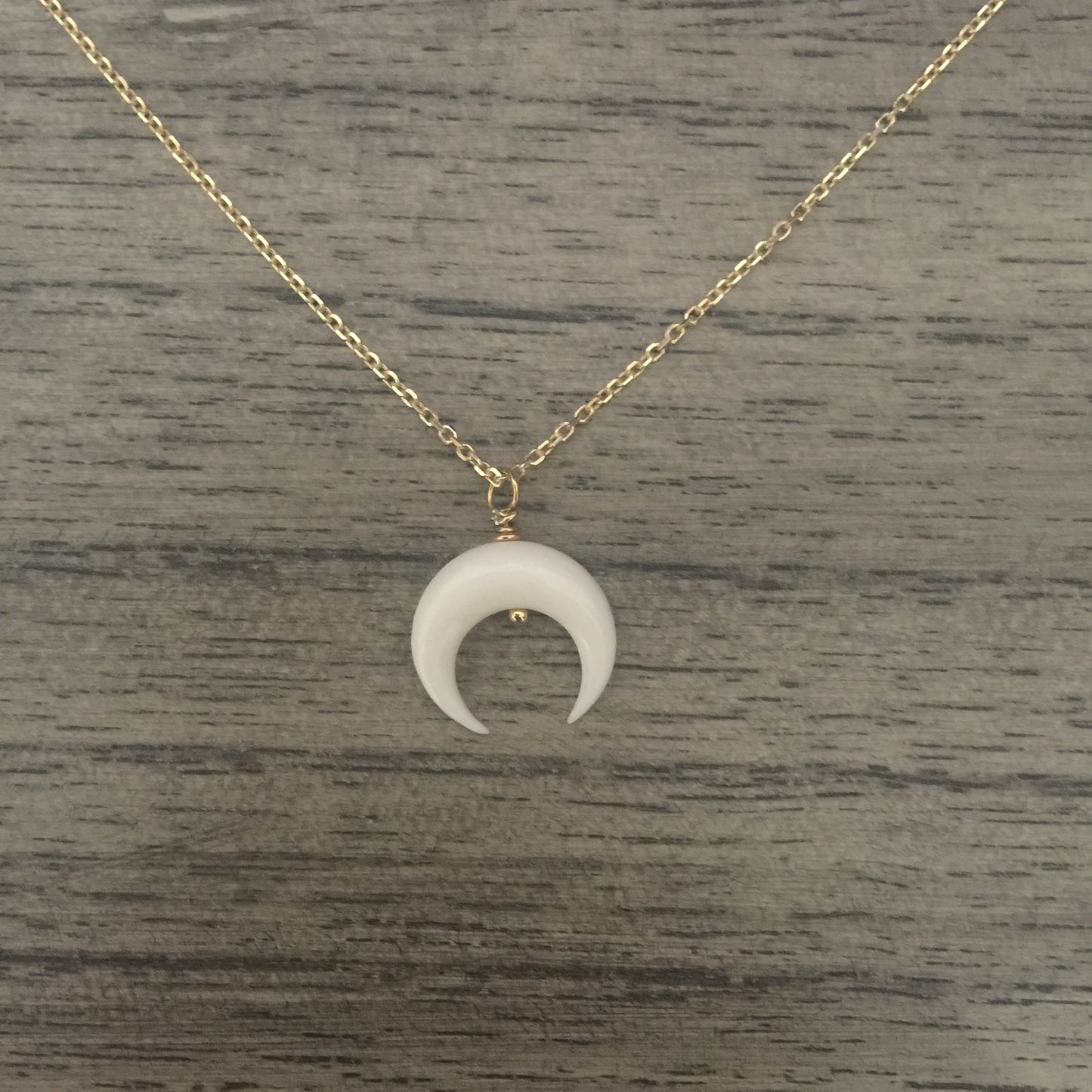 Collar Cuerno pequeño invertido de Plata con Baño de Oro y Hueso tallado a mano