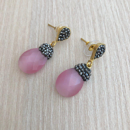 Pendientes Bellota con Piedra Semipreciosa Rosa y cristales Swarovski
