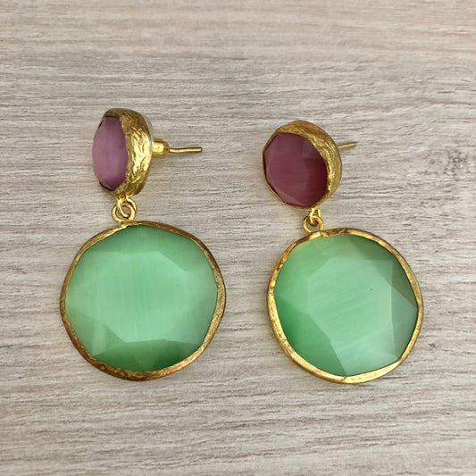 Pendientes de dos Piedras Circulares Malva y Verde