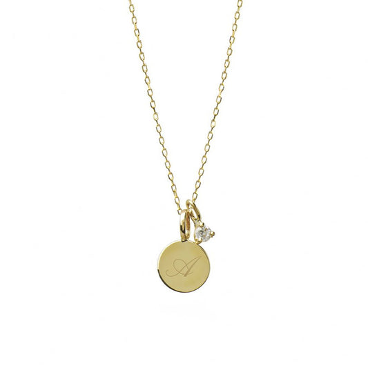 Collar Inicial Oro con Circonita, Collar Personalizado de Oro con Inicial Grabada en Medalla Pequeña Y Circonita