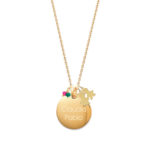 Collar Personalizado con Medalla grande grabada y Medallas Niña y Niño con baño de Oro Y Piedra