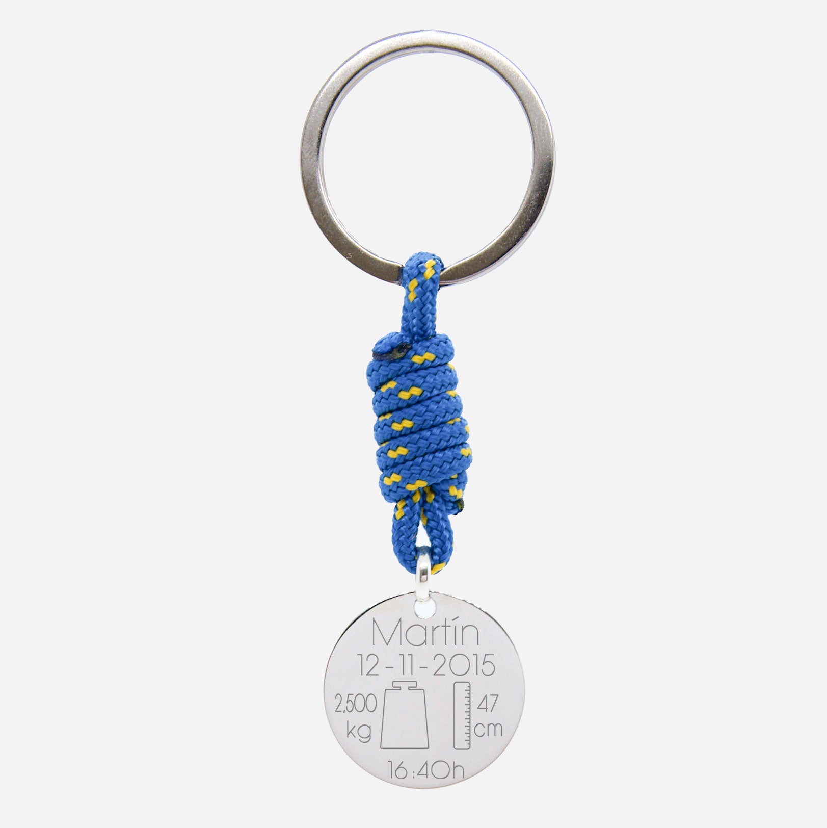 Llavero Personalizado de Plata y Cordón Náutico con Datos de Nacimiento