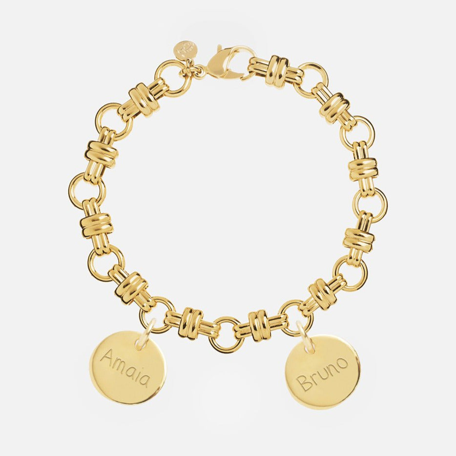 Pulsera Personalizada con Cadena de Eslabón Combinado con Baño de oro y dos medallas