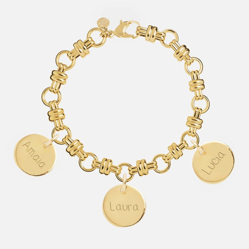 Pulsera Personalizada con Cadena de Eslabón Combinado con Baño de oro y tres medallas