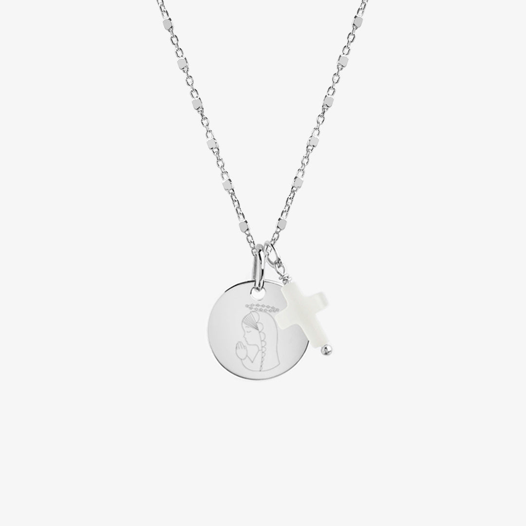 Collar Personalizado de Plata con Cadena de Cubitos, Medalla Virgen Niña y Cruz de Nácar