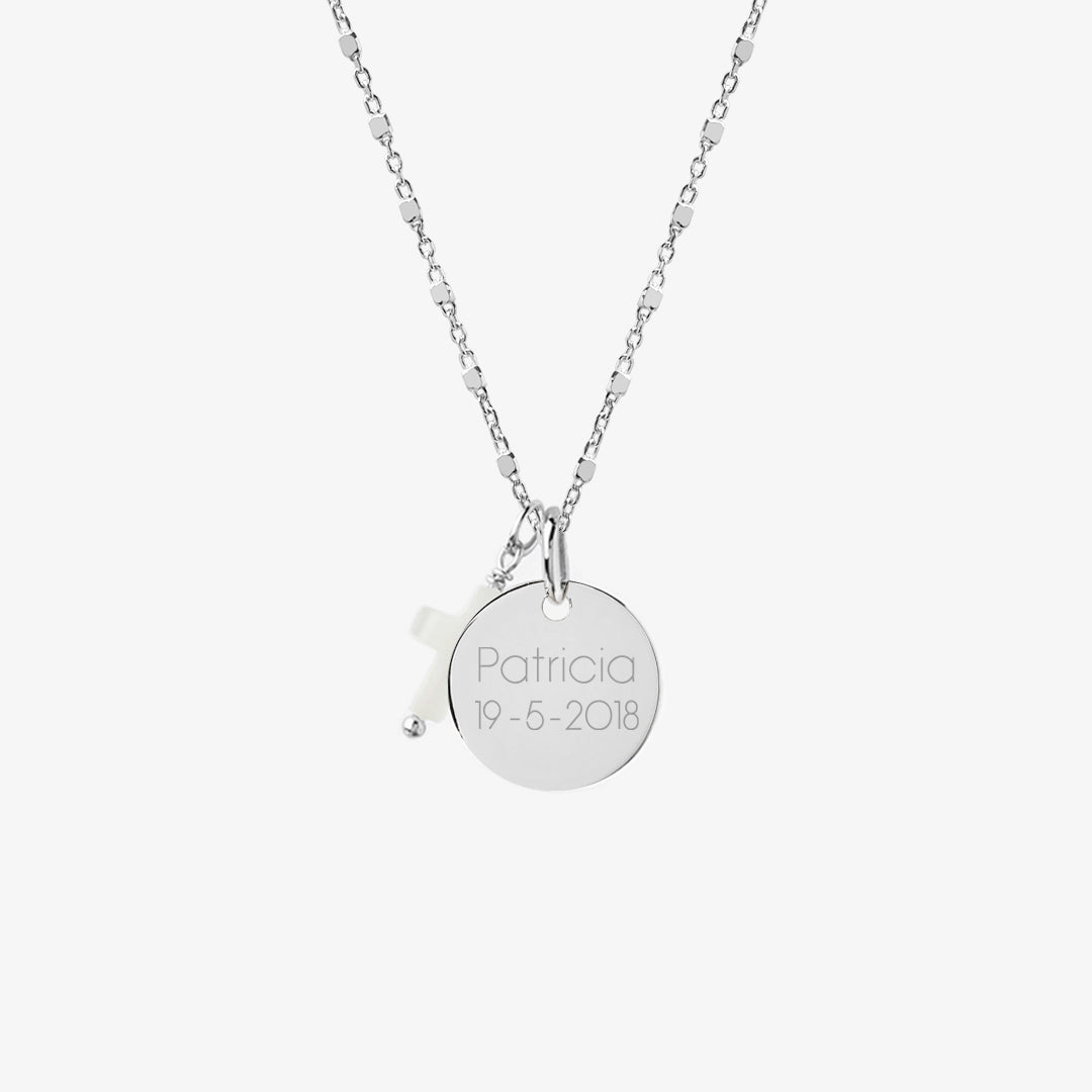 Collar Personalizado de Plata con Cadena de Cubitos, Medalla Virgen Niña y Cruz de Nácar
