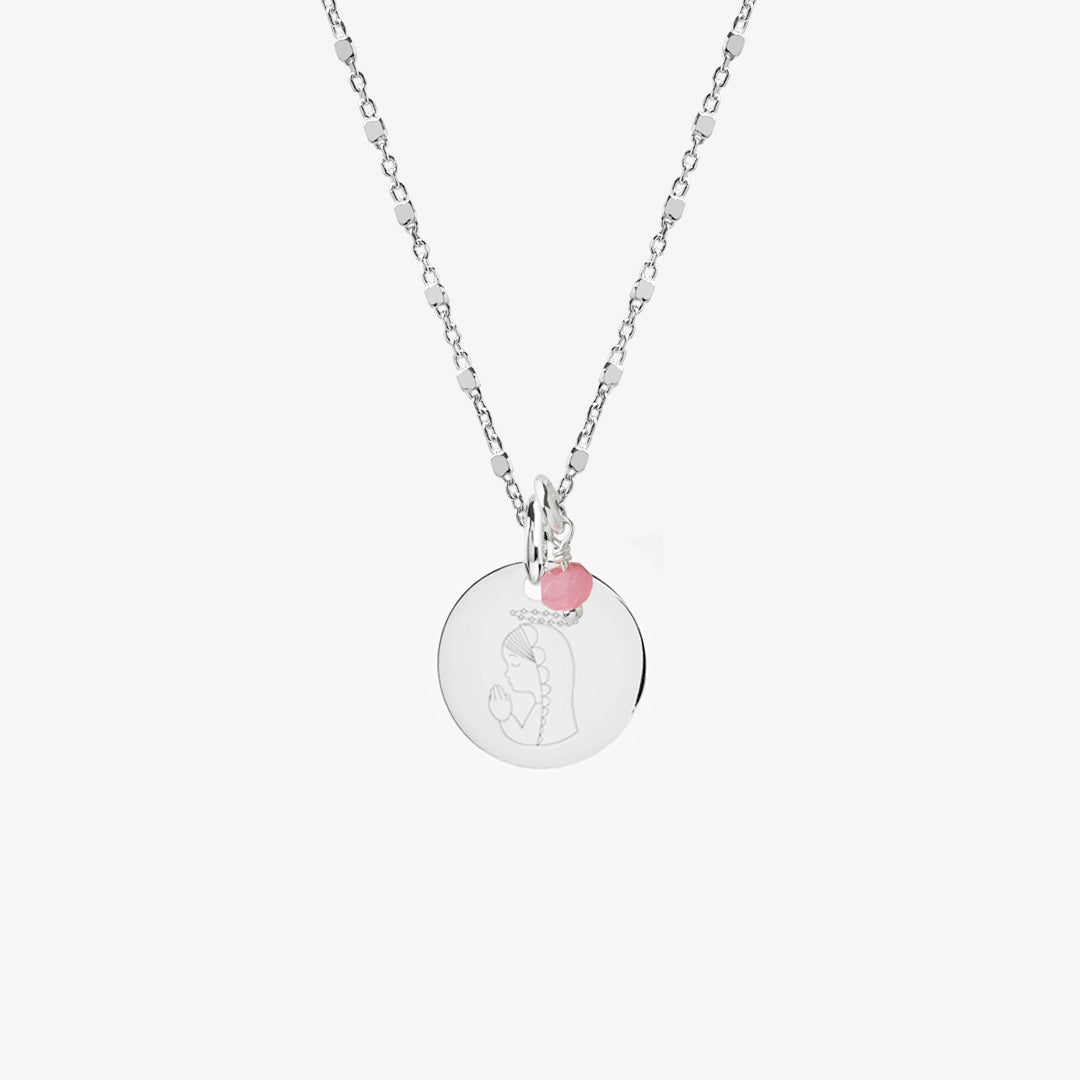 Collar Personalizado de Plata con Cadena de Cubitos, Medalla Virgen Niña y Piedra de Color