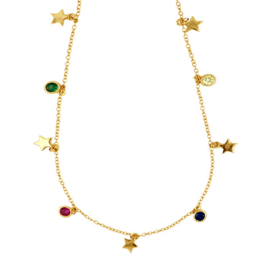 Collar de Plata con baño de Oro con Circonitas Y Estrellas Colgantes