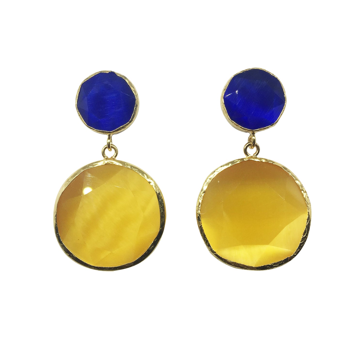 Pendientes de dos Piedras Circulares Azul Marino y Amarillo