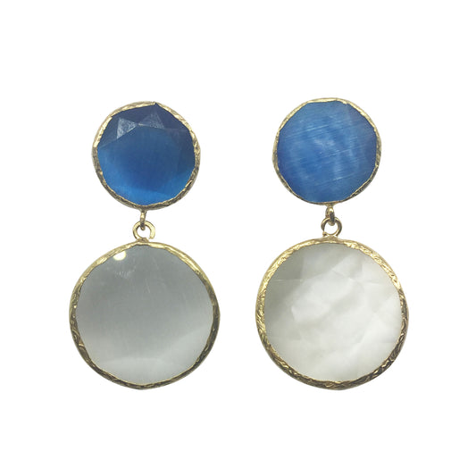 Pendientes de dos Piedras Circulares Azul y Blanco