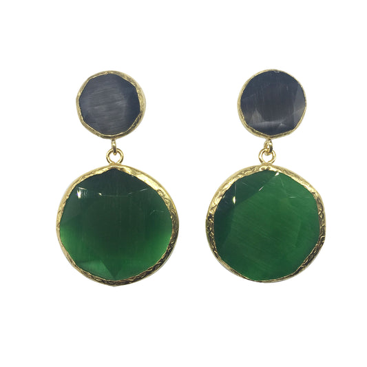Pendientes de dos Piedras Circulares Negro y Verde