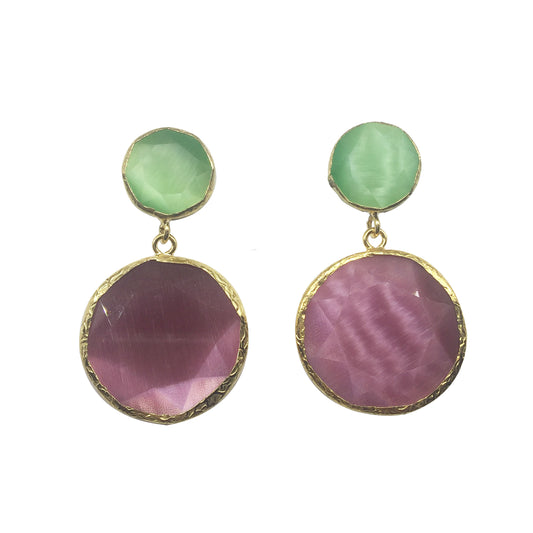 Pendientes de dos Piedras Circulares Verde y Rosa