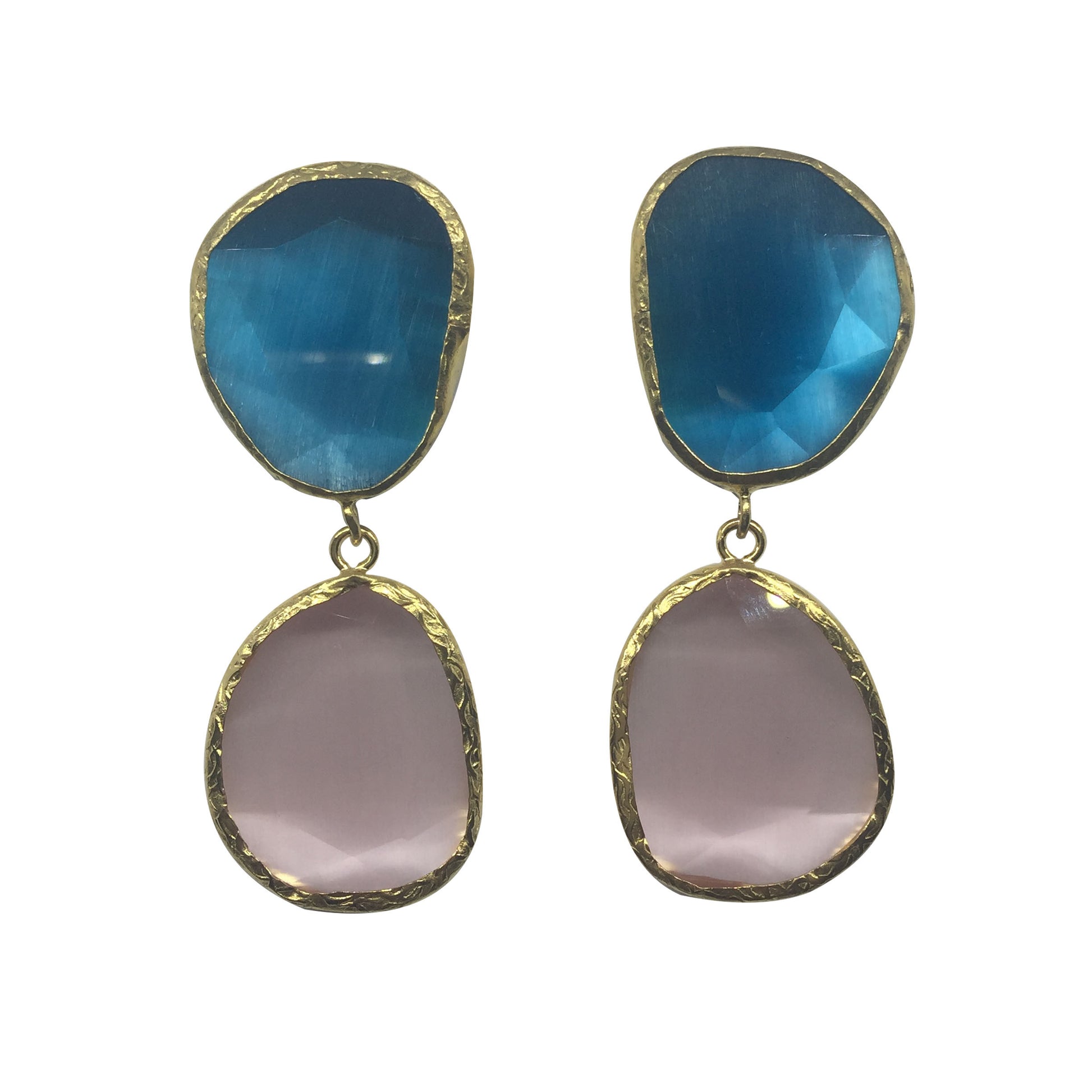 Pendientes de dos Piedras Irregulares Azul y Rosa