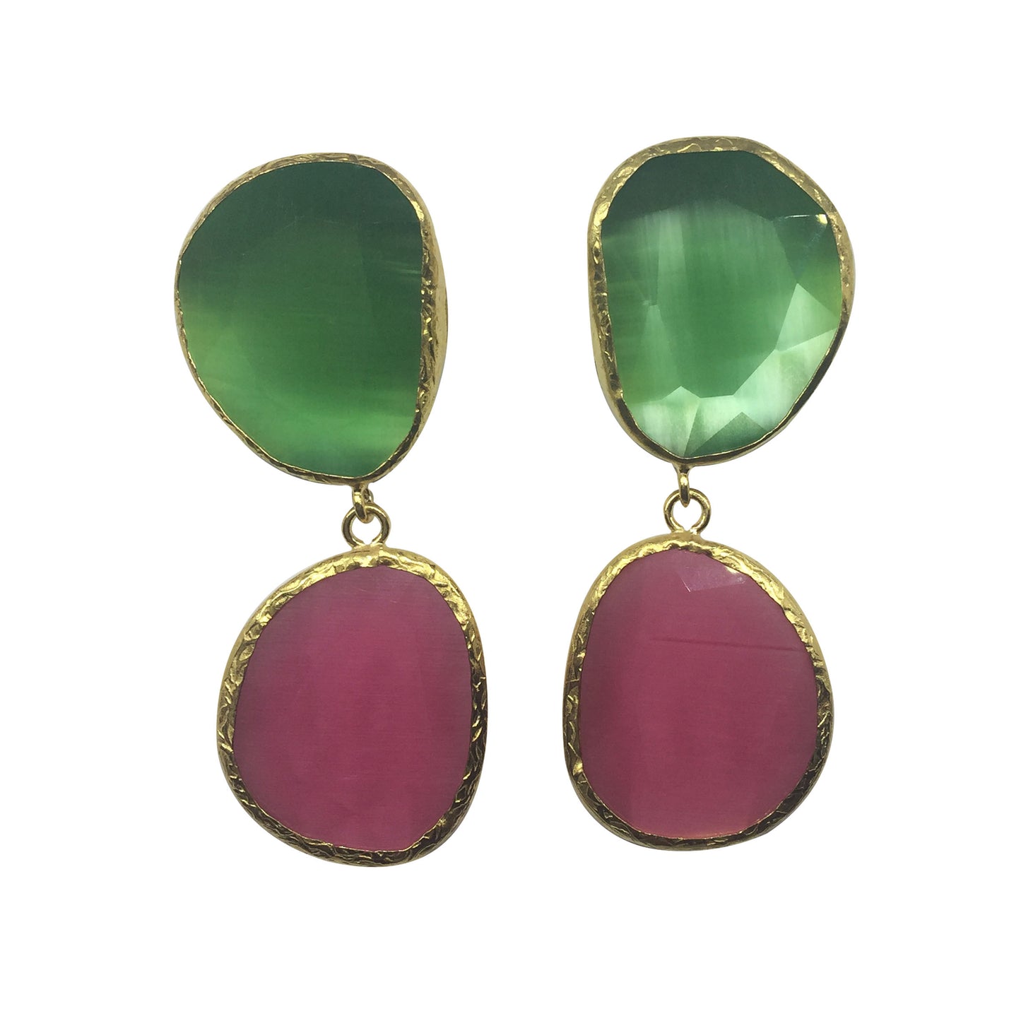 Pendientes de dos Piedras Irregulares Verde Agua y Rosa Oscuro