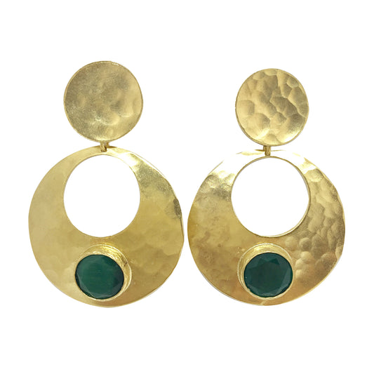 Pendientes Circulares Dorados con Piedra Verde